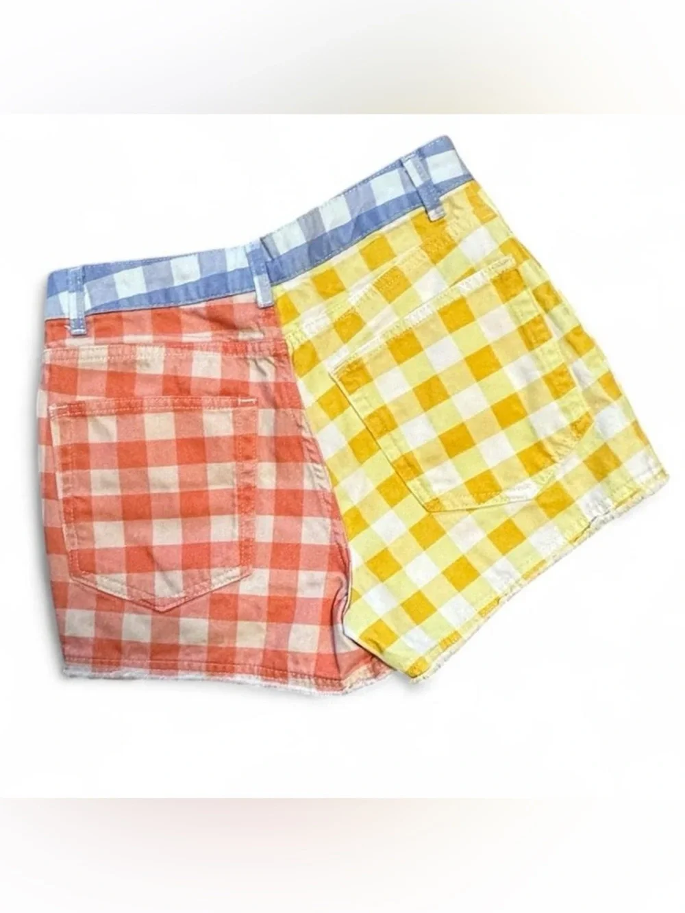 NWT FARM Rio Pastel Gingham Colorblock Denim Shorts - Yellow, Coral & Light Blue